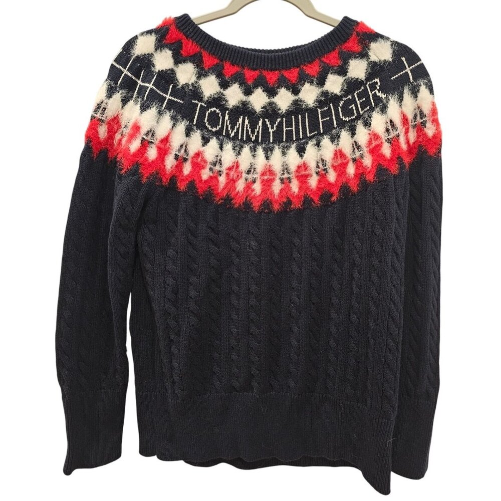 Tommy Hilfiger Sweater Womens Size L Fair Isle Nordic Navy Blue Red White Fuzzy